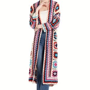 Colorful Crochet Long Length Sweater in Cream or Black